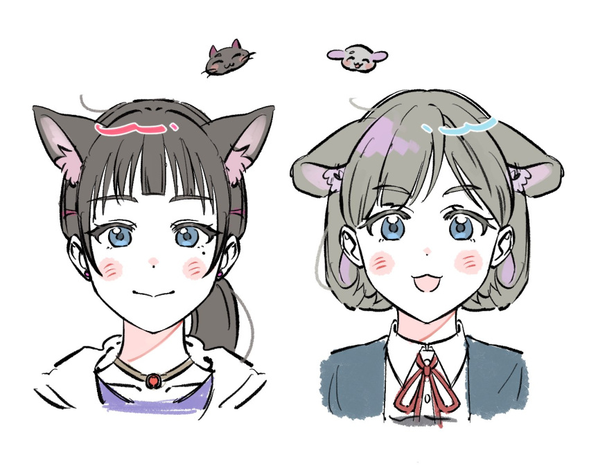 2girls, :3, :d, ^_^, animal_ear_fluff, animal_ears, black_hair, blue_eyes, blue_jacket, blush, cat, cat_ears, closed_eyes, closed_mouth, collared_shirt, commentary, cropped_shoulders, dog, dog_ears, dress, dress_shirt, extra_ears, grey_dress, grey_hair, idgukgu, jacket, kemonomimi_mode, long_sleeves, looking_at_viewer, love_live!, love_live!_superstar!!, medium_hair, mole, mole_under_eye, multiple_girls, neck_ribbon, open_clothes, open_jacket, open_mouth, ponytail, purple_shirt, red_ribbon, ribbon, school_uniform, shirt, short_hair, siblings, simple_background, sisters, smile, split_mouth, tang_keke, tang_mengmeng, white_background, white_jacket, white_shirt, winter_uniform, yuigaoka_school_uniform