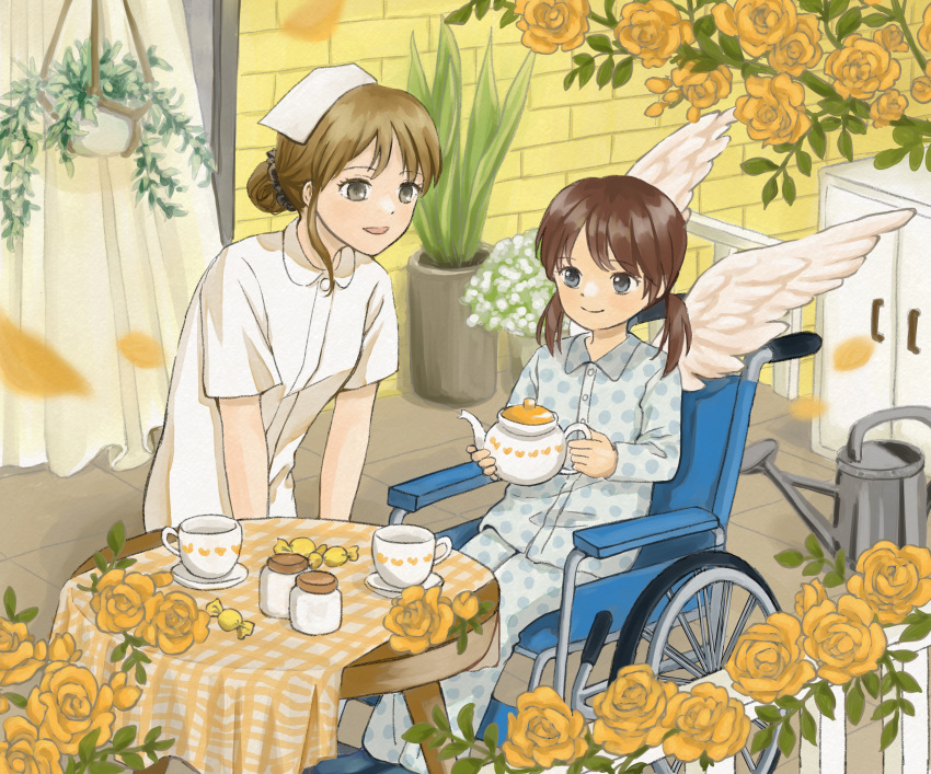 :d, absurdres, brown_hair, candy, checkered_tablecloth, cup, feathered_wings, fence