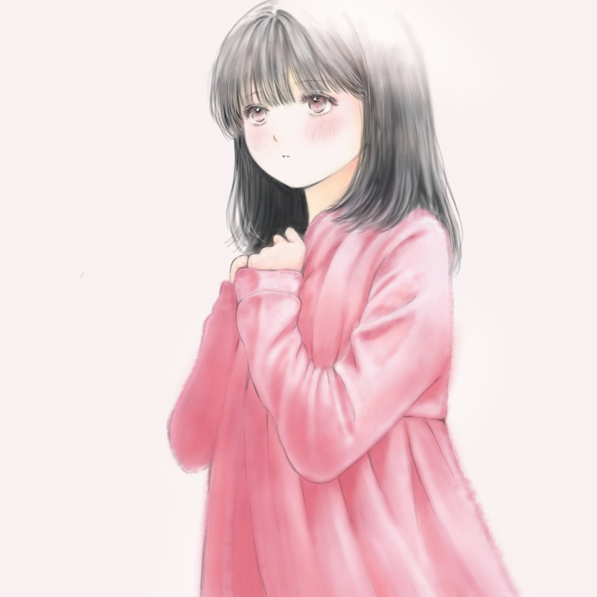 1girl, black_hair, blush, brown_eyes, cohaqur, hands_up, highres, long_sleeves