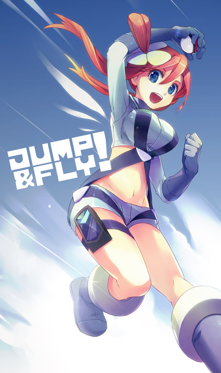 boots, fuuro_(pokemon), gloves, hair_ornament, midriff, navel, open_mouth, poke_ball