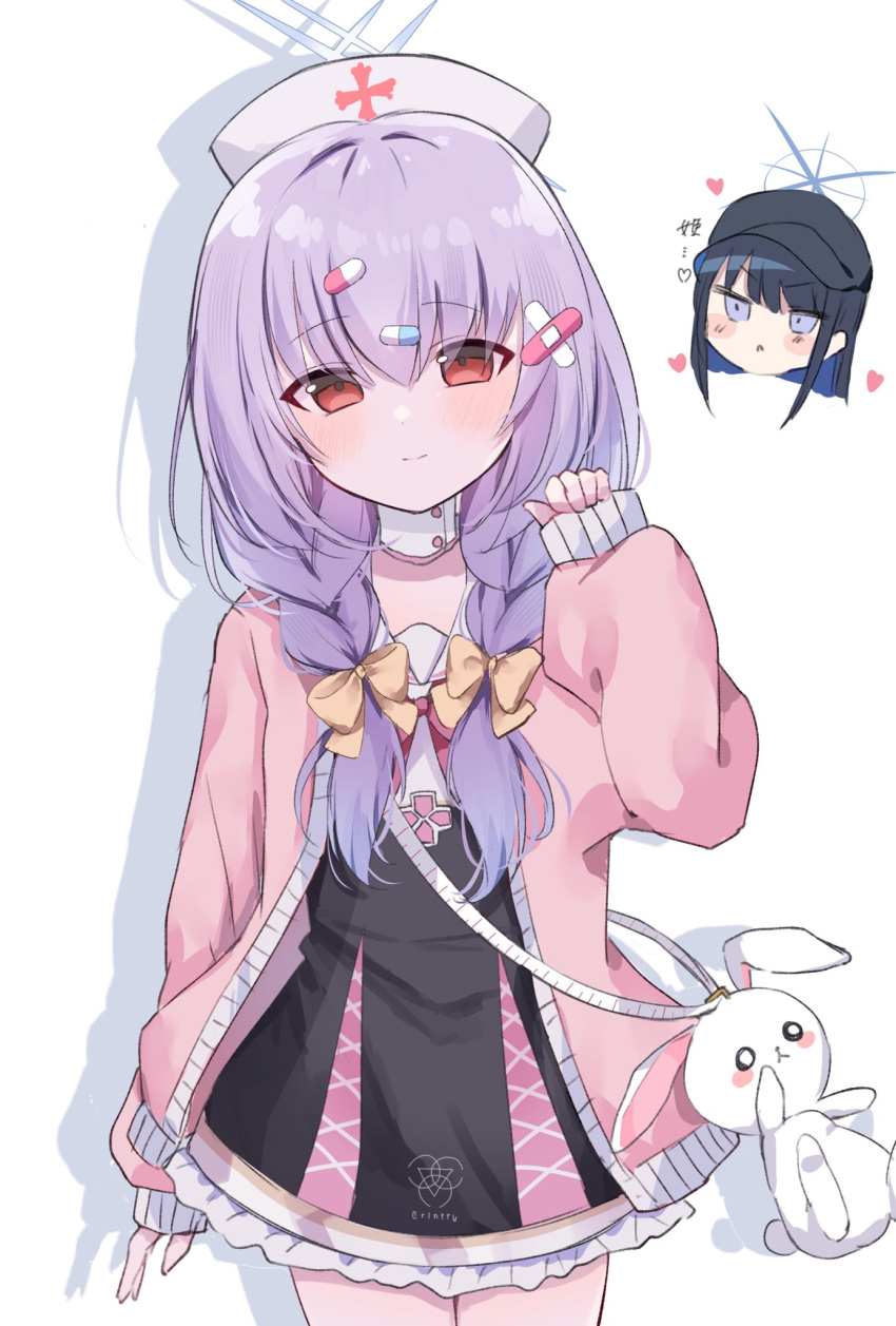 2girls, atsuko_(blue_archive), bandaid, bandaid_hair_ornament, baseball_cap, black_hair, black_hat, blue_archive, blue_halo, blush, bow, bowtie, braid, choker, closed_mouth, copapano_pa, cosplay, cowboy_shot, crossed_bandaids, frills, hair_bow, hair_ornament, halo, hanae_(blue_archive), hanae_(blue_archive)_(cosplay), hat, heart, highres, light_smile, long_hair, long_sleeves, looking_at_viewer, multiple_girls, nurse_cap, pill_hair_ornament, pink_sweater, purple_hair, red_bow, red_bowtie, red_eyes, saori_(blue_archive), simple_background, skirt, stuffed_animal, stuffed_rabbit, stuffed_toy, sweater, trinity_general_school_logo, very_long_hair, white_background, white_choker, yellow_bow