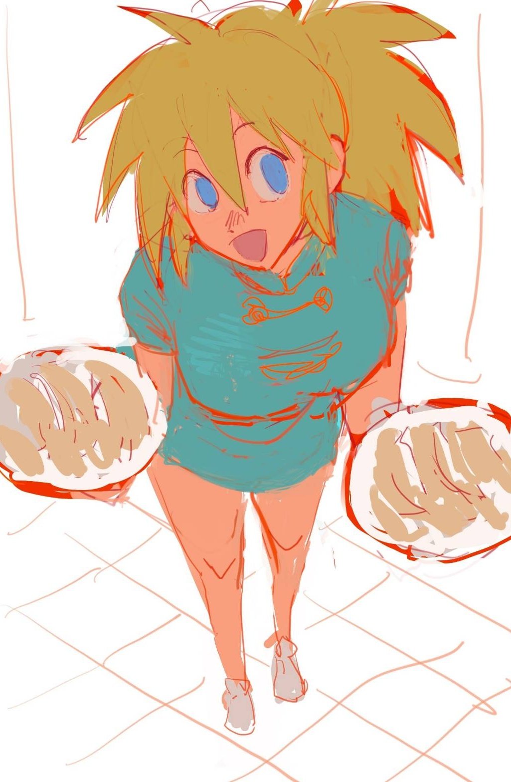1girl, :d, blonde_hair, blue_eyes, blue_shirt, breasts, dorohedoro, food