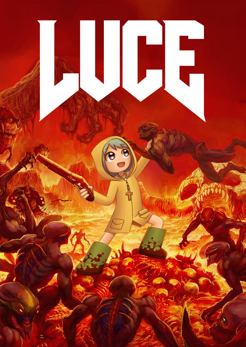 1girl, :d, absurdres, bead_necklace, beads, blood_on_shoes, blue_hair, boots