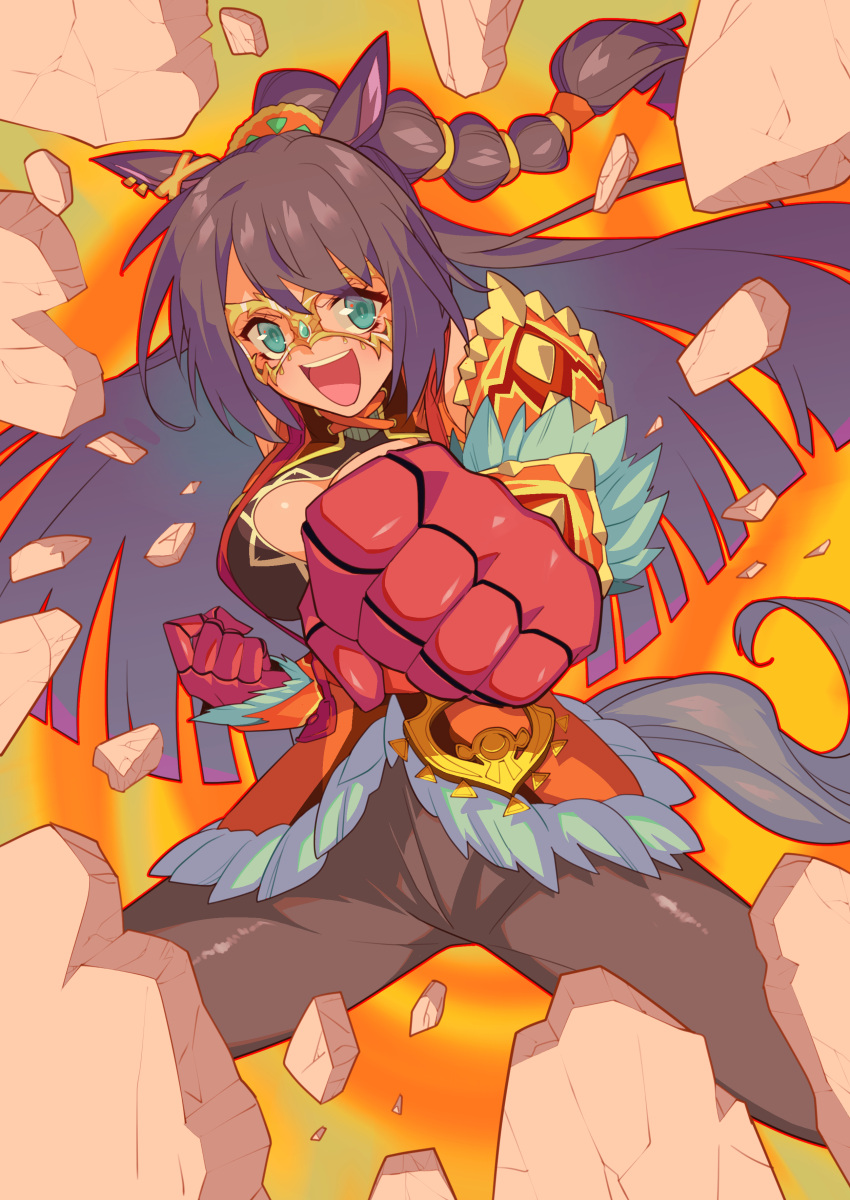 1girl, absurdres, animal_ears, breasts, brown_hair, clenched_hands, el_condor_pasa_(kukulkan_monk)_(umamusume), el_condor_pasa_(umamusume)
