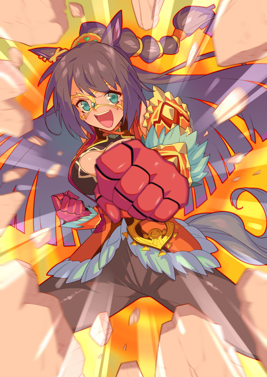 1girl, absurdres, animal_ears, breasts, brown_hair, clenched_hands, el_condor_pasa_(kukulkan_monk)_(umamusume), el_condor_pasa_(umamusume)