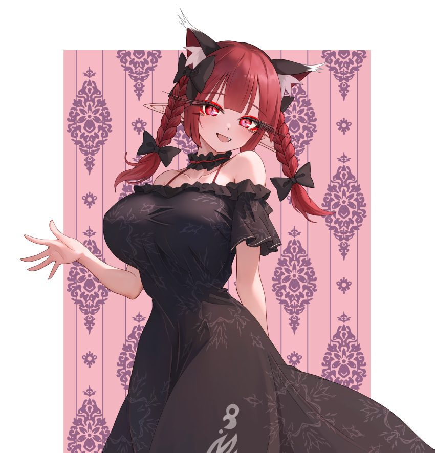 1girl, absurdres, animal_ear_fluff, animal_ears, black_bow, black_choker, black_dress, border