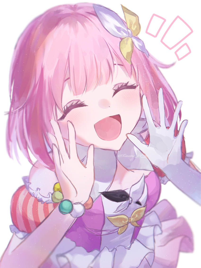 1girl, :d, ^_^, asymmetrical_clothes, asymmetrical_sleeves, bead_bracelet, beads, blush