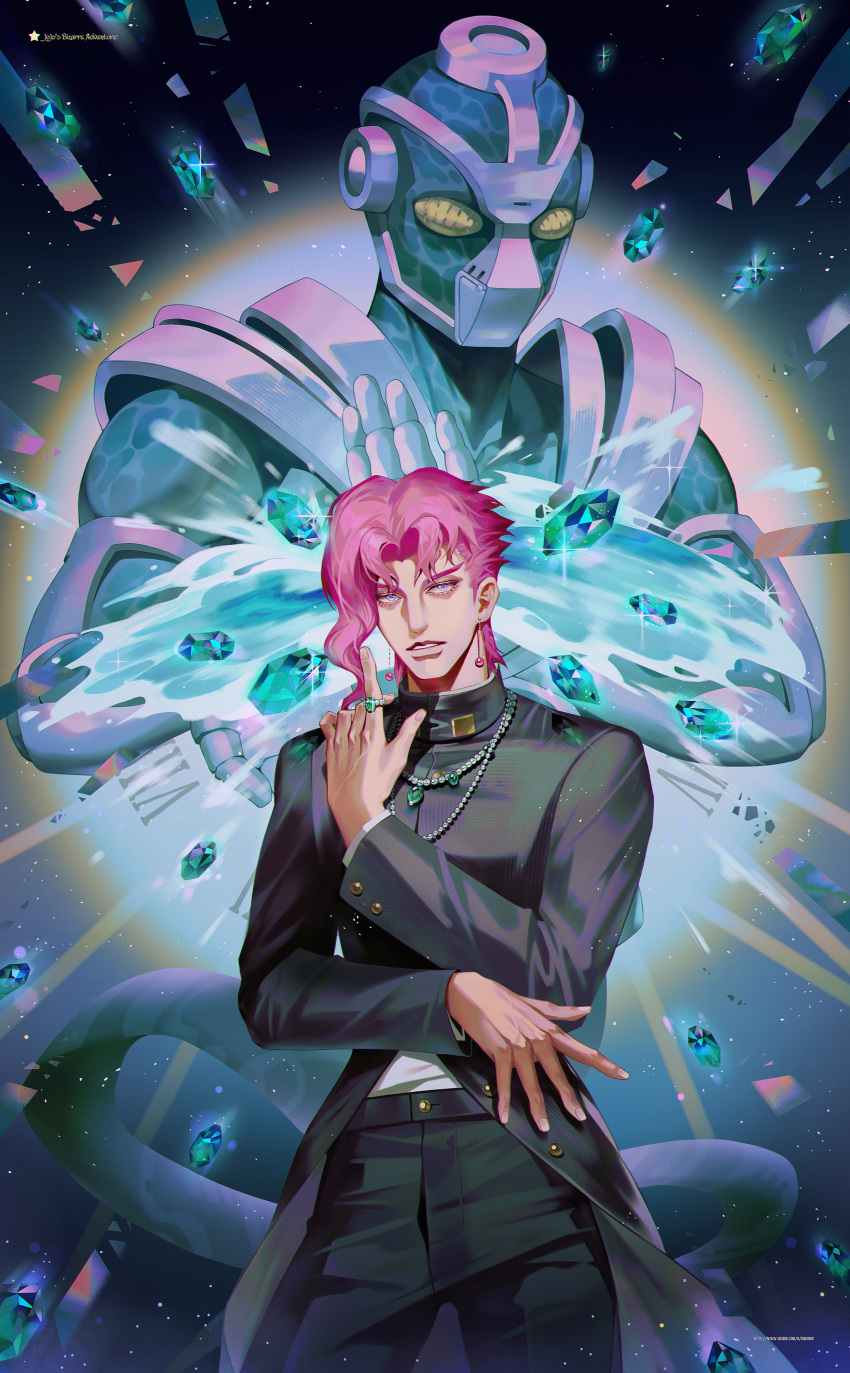 2boys, absurdres, cherry_earrings, commentary, earrings, food-themed_earrings, gakuran, gem