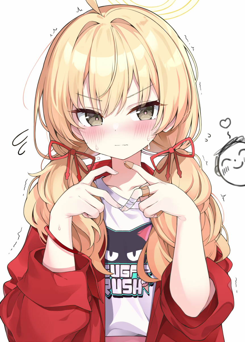 1boy, 1girl, ahoge, bandaged_fingers, bandages, bandaid_on_finger, blonde_hair, blue_archive