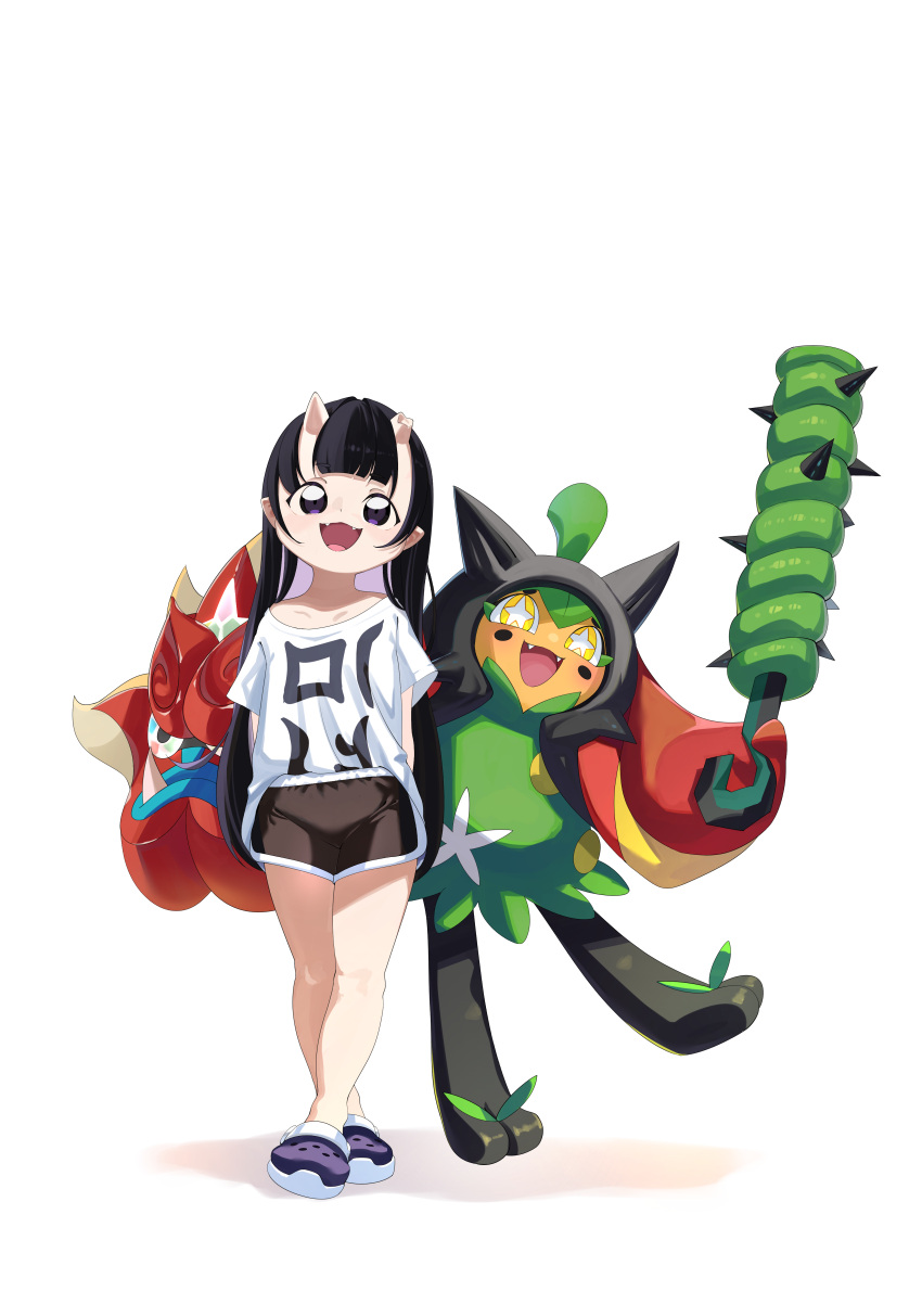 2girls, :3, absurdres, arms_behind_back, black_hair, black_shorts, black_skin, bright_pupils