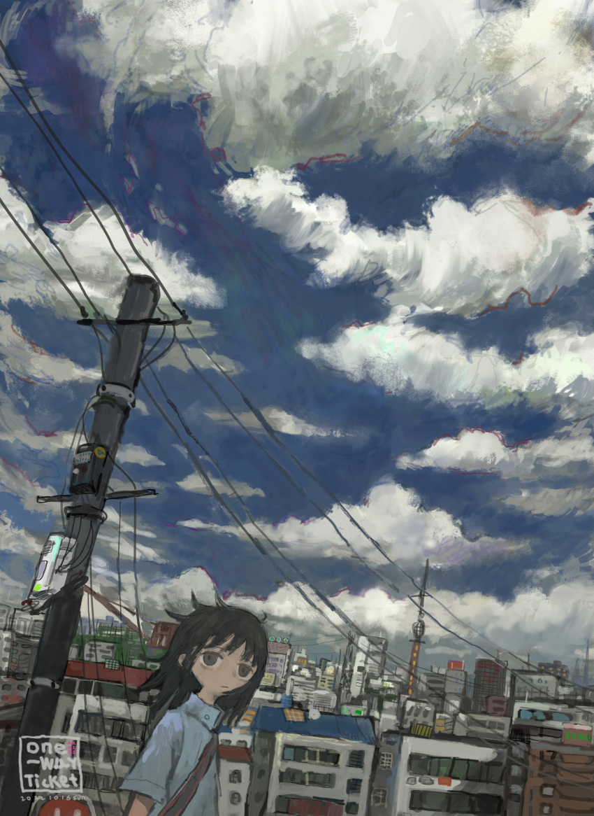 1girl, absurdres, akziqi, bag, bilingual_commentary, blue_shirt, blue_sky, brown_eyes