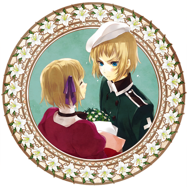 1girl, axis_powers_hetalia, blonde_hair, blue_eyes, blush, circle, couple, cross