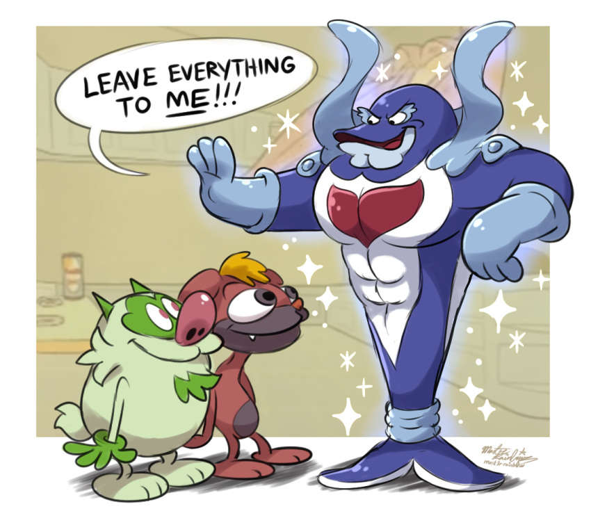 3boys, abs, commentary, english_commentary, english_text, furry, furry_male, large_pectorals