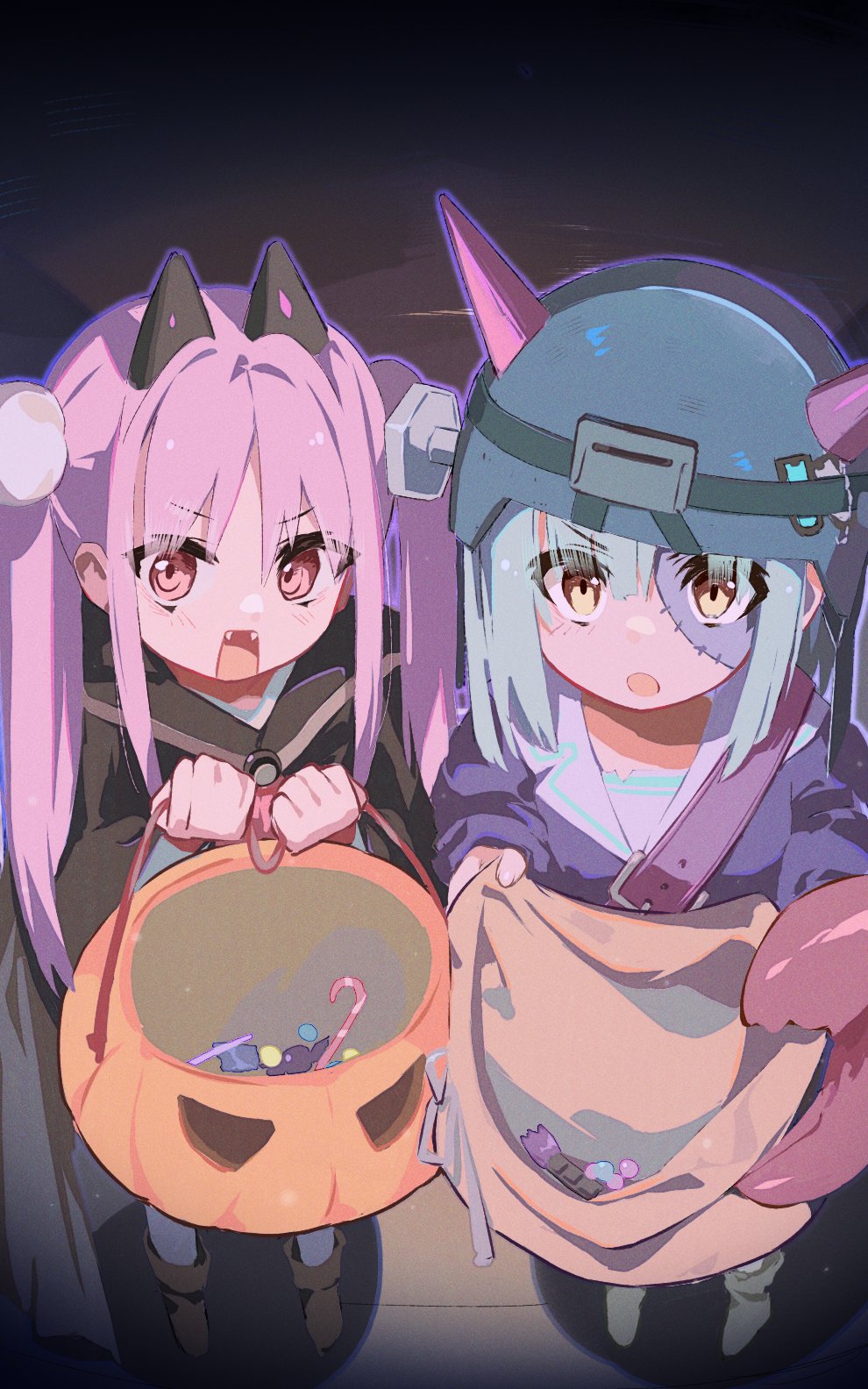 bungo_yayoi, candy, crab_claw, double_bun, fake_horns, food, green_hair, hair_bun