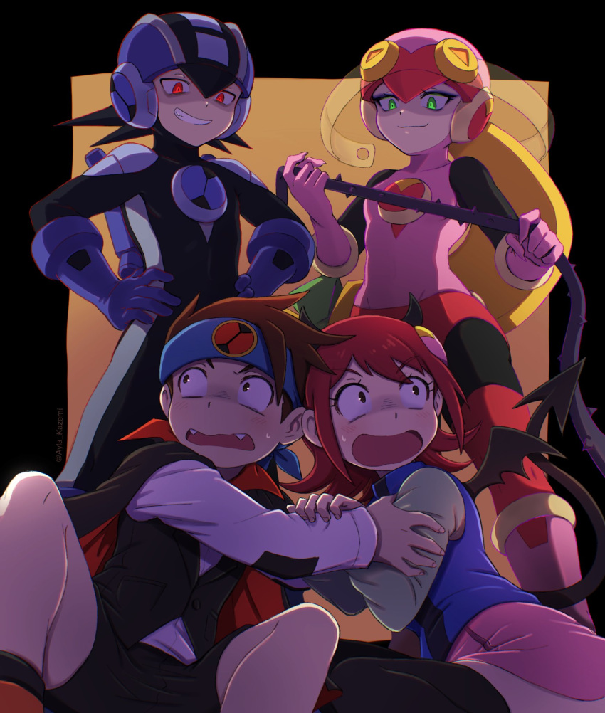 2boys, 2girls, ayla_kazemi, black_bodysuit, black_border, black_cape, black_vest, blonde_hair, blue_headband, blue_jacket, bodysuit, border, brown_hair, cape, dark_megaman.exe, demon_tail, demon_wings, fangs, gradient_background, green_eyes, halloween_costume, headband, helmet, highres, holding, holding_whip, jacket, leotard, long_hair, medium_hair, mega_man_(series), mega_man_battle_network_(series), megaman.exe, multiple_boys, multiple_girls, orange_background, pink_helmet, pink_leotard, pink_skirt, red_eyes, redhead, roll.exe_(mega_man), shirt, short_hair, simple_background, skirt, smirk, tail, vampire_costume, vest, white_shirt, wings