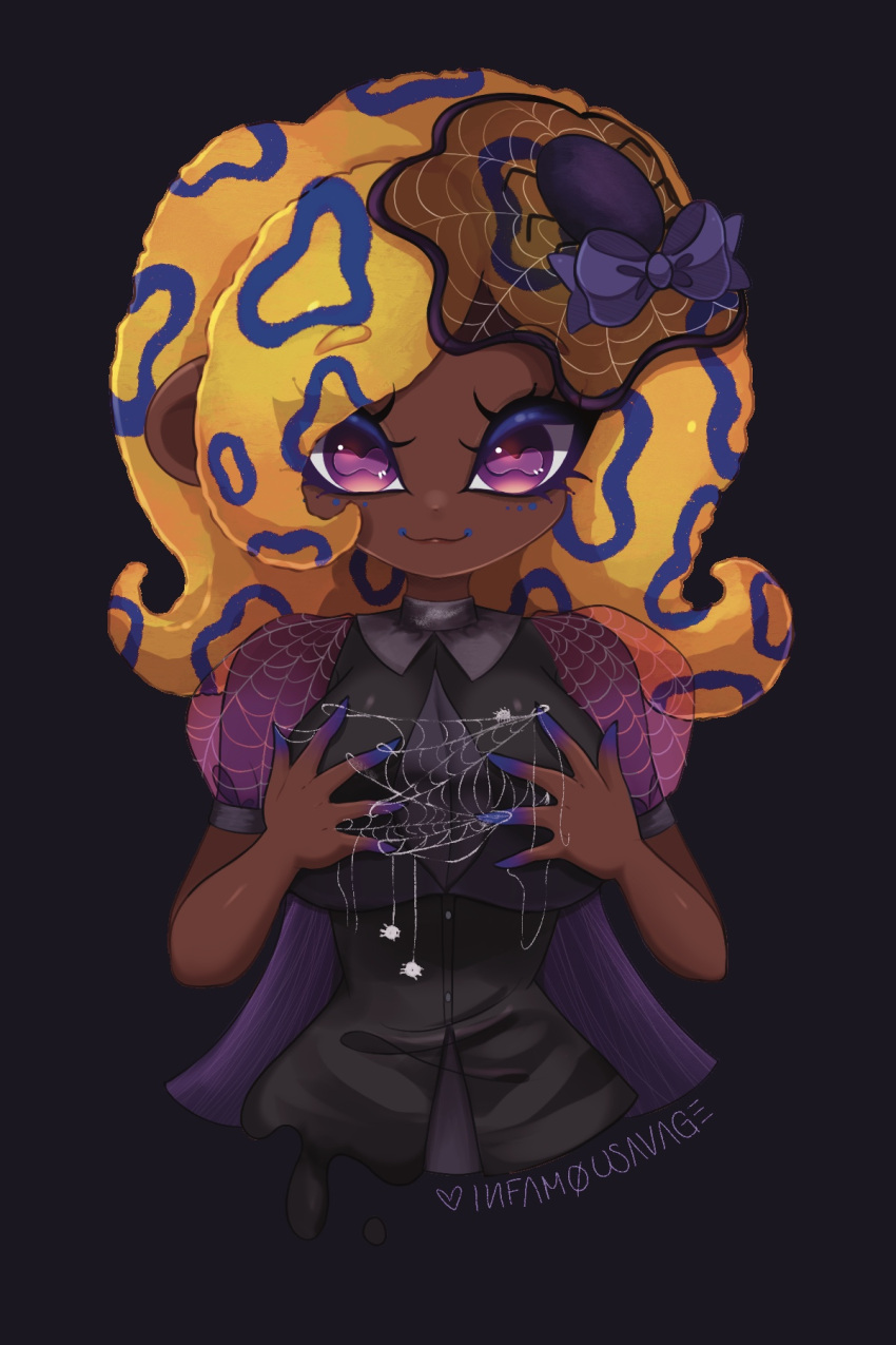 1girl, artist_name, black_background, black_bow, bow, breasts, bug, cephalopod_eyes, cropped_torso, dark-skinned_female, dark_skin, halloween, hands_up, heart, highres, infamousavages, large_breasts, long_hair, looking_at_viewer, multicolored_hair, octoling, orange_hair, patterned_hair, shadow, short_sleeves, silk, simple_background, smile, solo, spider, spider_web, splatoon_(series), splatoon_3, tao_blu_(splatoon), tentacle_hair, violet_eyes