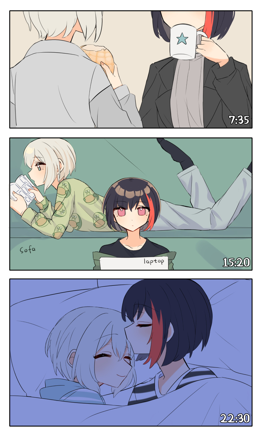 2girls, absurdres, aoba_moca, bang_dream!, black_hair, black_jacket, blue_eyes, bread