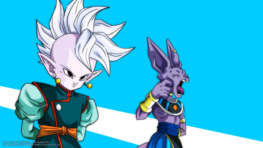 2boys, absurdres, animal_ears, arm_behind_back, arms_behind_back, artist_request, beerus, black_eyes