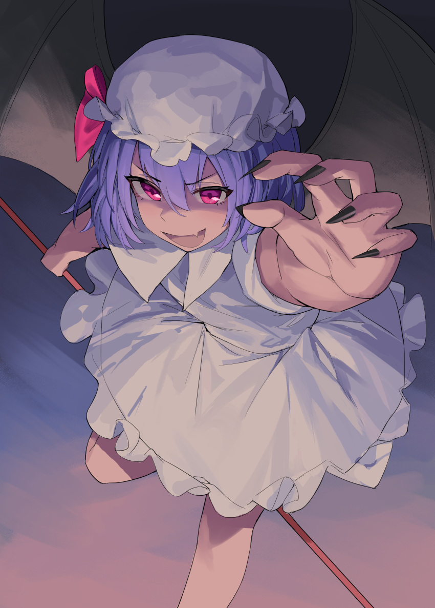 1girl, absurdres, bat_wings, collared_shirt, commentary, fang, fingernails, frilled_hat