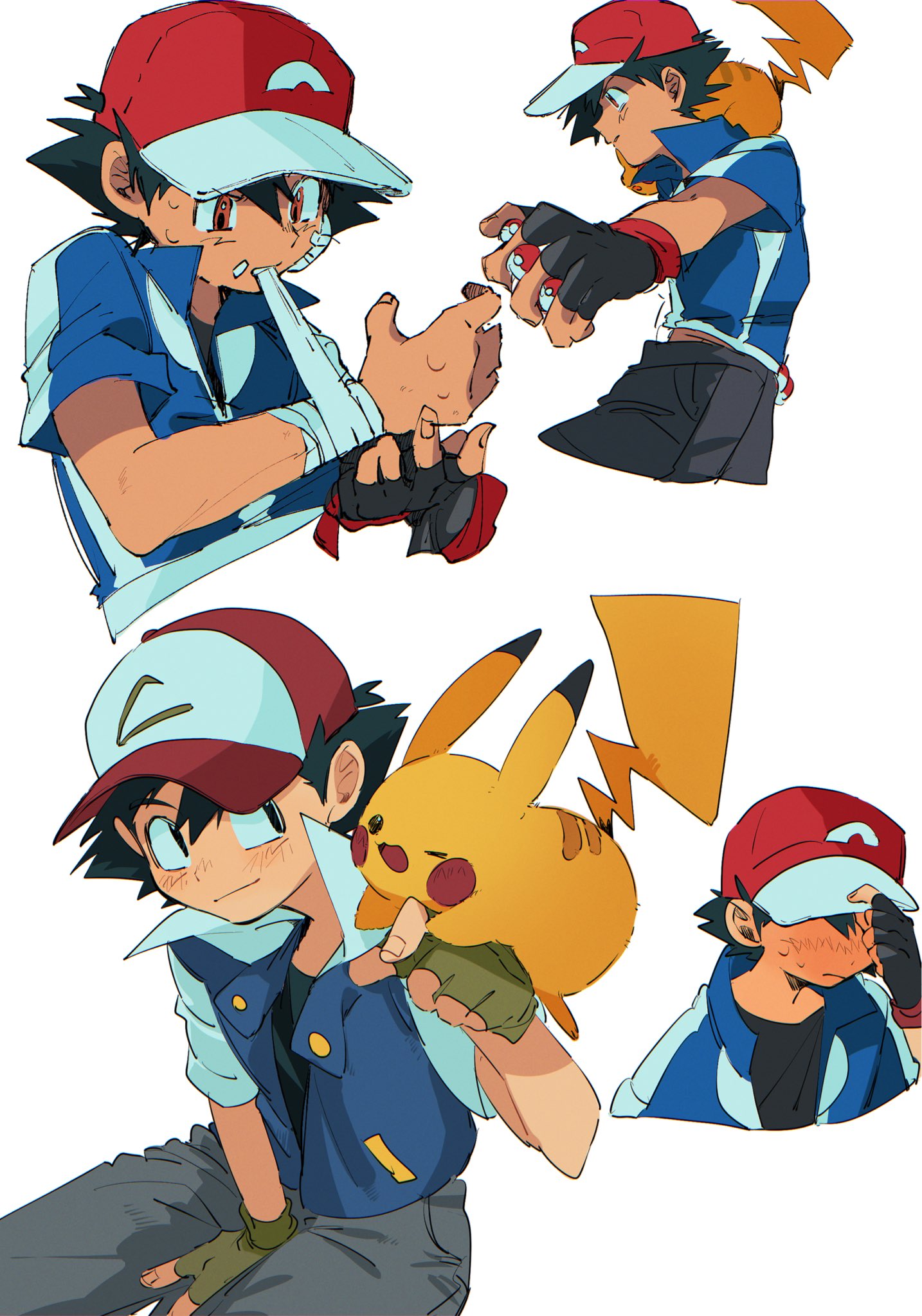 1boy, ash_ketchum, baseball_cap, black_eyes, black_hair, blue_jacket, brown_eyes, facial_mark
