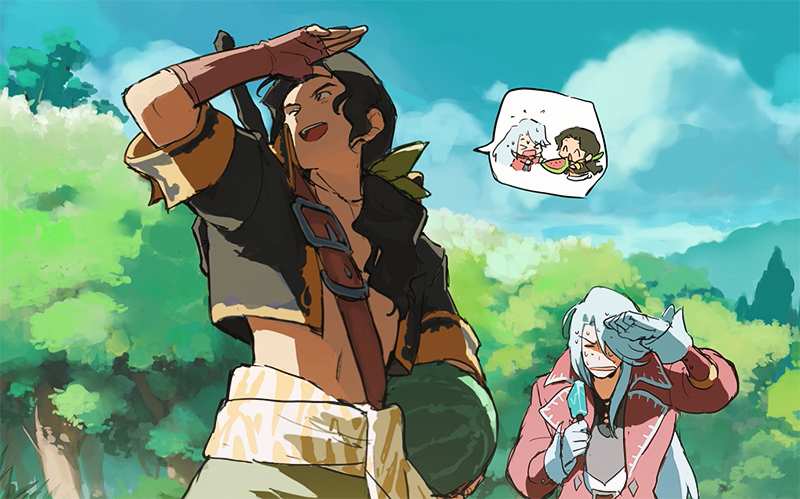 >_<, 2boys, belt, black_hair, black_shirt, black_vest, brown_gloves, castlevania:_harmony_of_dissonance