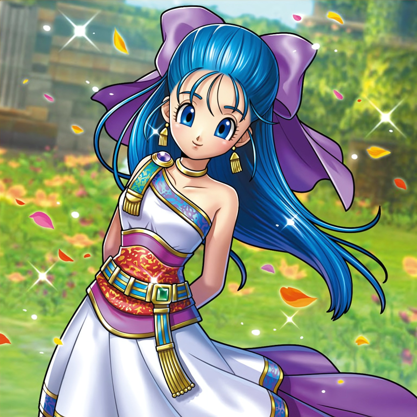 1girl, absurdres, arms_behind_back, artist_request, blue_eyes, blue_hair, blurry, blurry_background