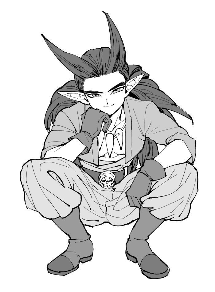 1boy, arm_on_own_leg, bone_necklace, boots, commentary_request, dragon_quest, dragon_quest_builders_2, gloves