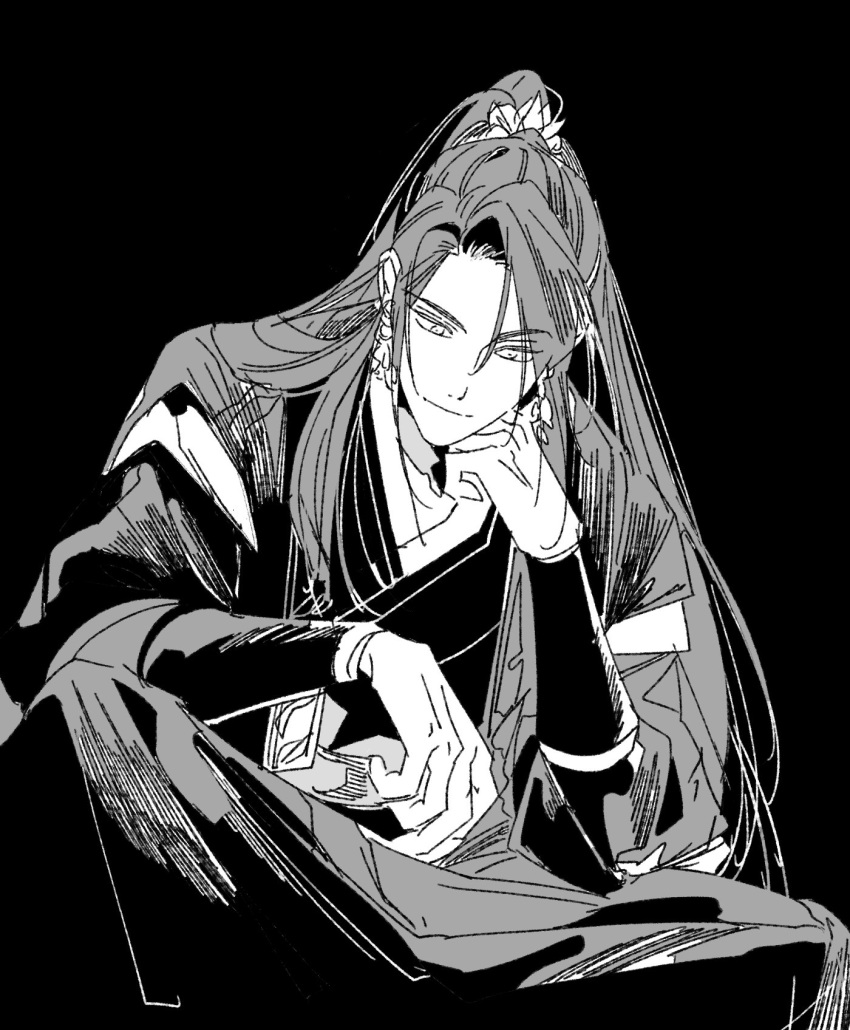 1boy, 333_2d, arm_on_knee, earrings, greyscale, hand_on_own_cheek, hand_on_own_face, high_ponytail