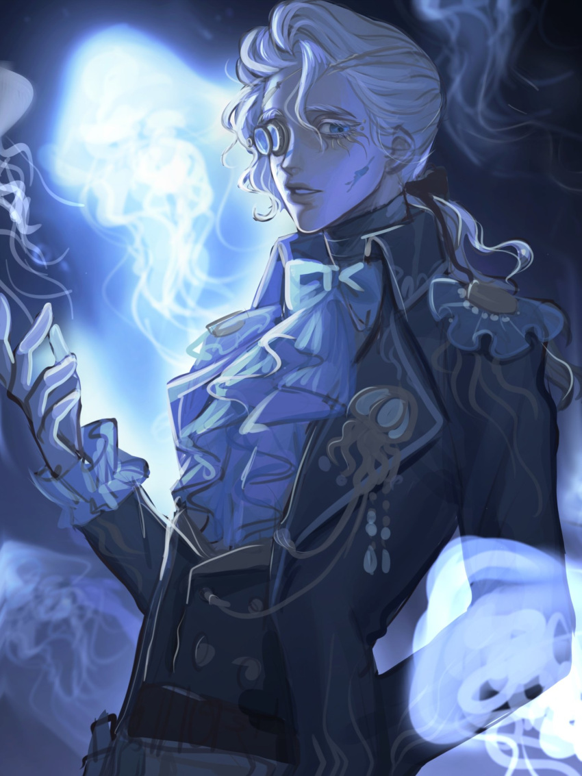 1boy, arm_behind_back, ascot, blonde_hair, blue_coat, blue_eyes, bow, bowtie
