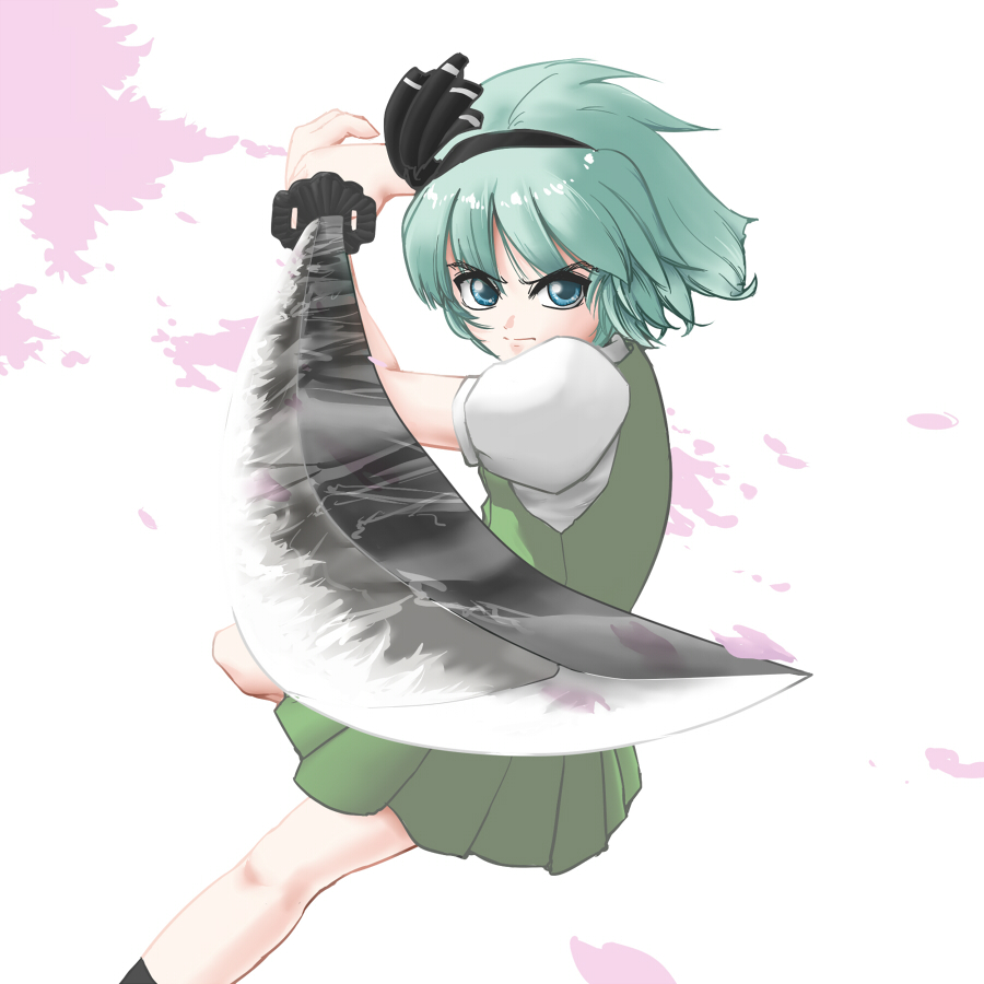 1girl, black_hairband, blue_eyes, causa, closed_mouth, feet_out_of_frame, green_hair, green_skirt, green_vest, hairband, holding, holding_sword, holding_weapon, incoming_attack, katana, konpaku_youmu, looking_at_viewer, pleated_skirt, puffy_short_sleeves, puffy_sleeves, shirt, short_sleeves, simple_background, skirt, skirt_set, solo, sword, touhou, v-shaped_eyebrows, vest, weapon, white_background, white_shirt