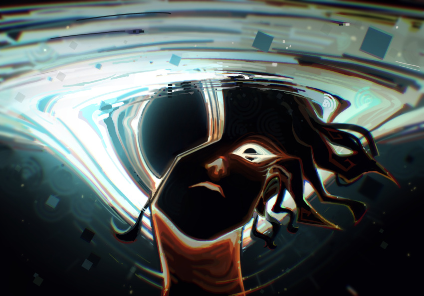1boy, abstract, absurdres, black_background, black_hole, black_hole_(trou_noir), closed_mouth, expressionless, head_tilt, highres, inward_(itwasleo), looking_at_viewer, male_focus, original, short_hair, solo, trou_noir