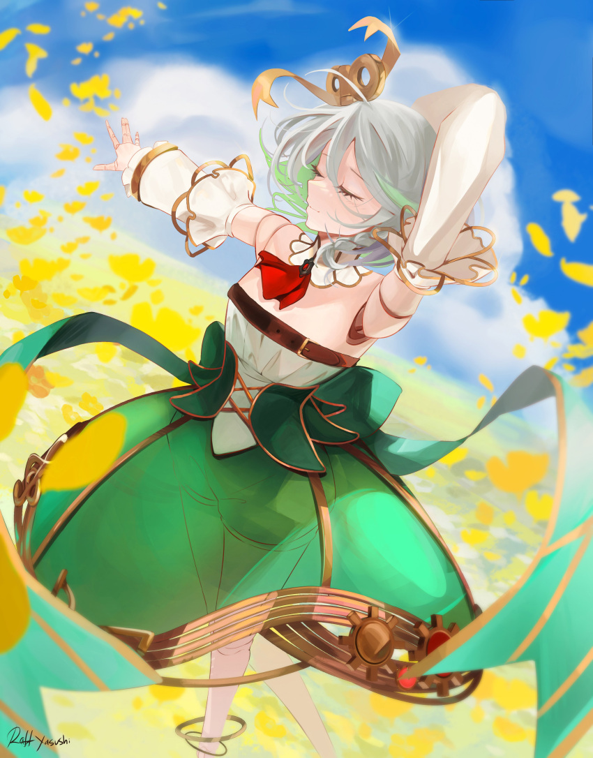 1girl, absurdres, arm_up, artist_name, cecilia_immergreen, cecilia_immergreen_(1st_costume), closed_eyes, colored_inner_hair, detached_collar, detached_sleeves, doll_joints, dress, field, flower, flower_field, green_dress, green_hair, grey_hair, highres, hololive, hololive_english, joints, multicolored_hair, petals, raff_yasushi, virtual_youtuber