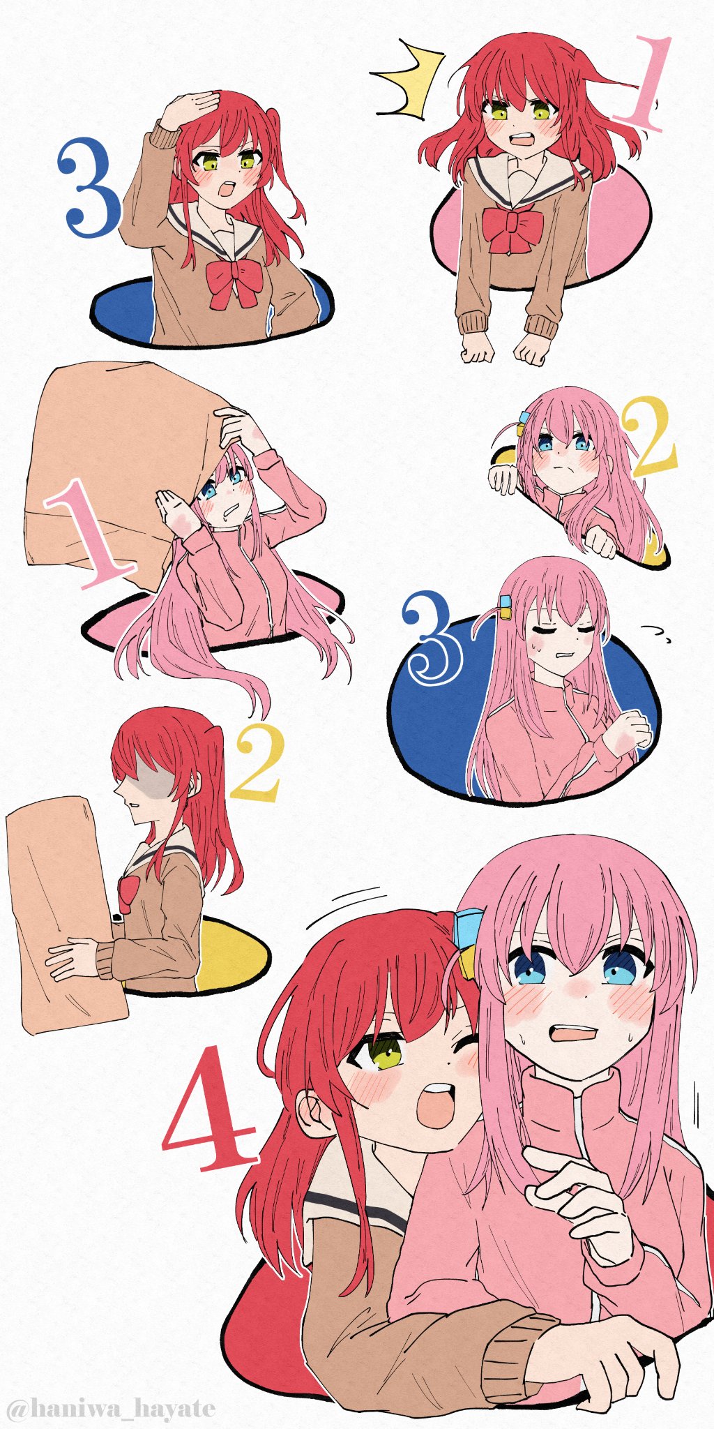 2girls, ^^^, blue_eyes, blush, bocchi_the_rock!, brown_bag, brown_sailor_collar, cube_hair_ornament