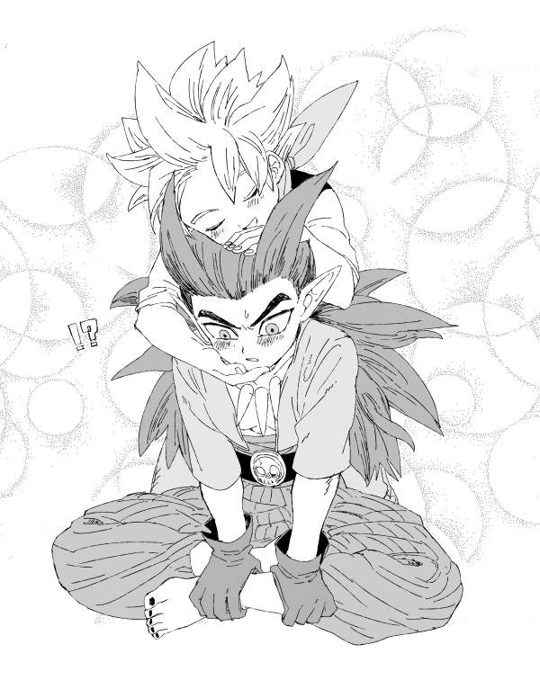 !?, 2boys, barefoot, blush, bone_necklace, closed_eyes, commentary_request, confused