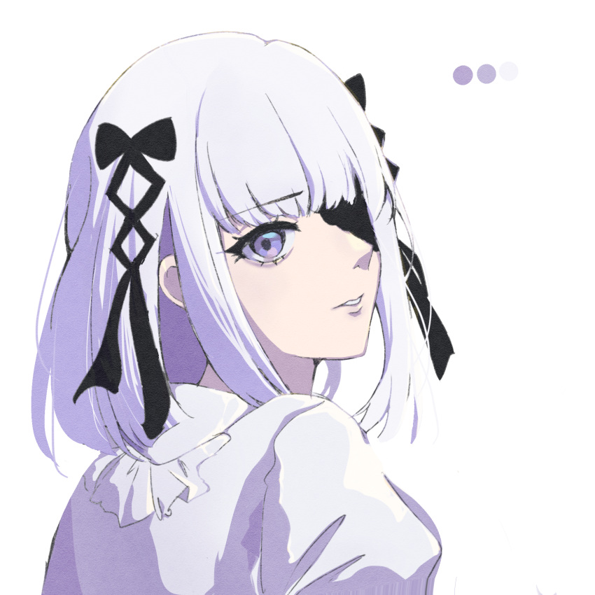 1girl, black_bow, bow, frilled_shirt, frills, grey_eyes, grey_hair, grey_shirt, hair_bow, highres, ismihana, long_hair, looking_at_viewer, looking_back, parted_lips, print_eyepatch, punishing:_gray_raven, shirt, sidelocks, solo, vanessa_(pgr), white_background
