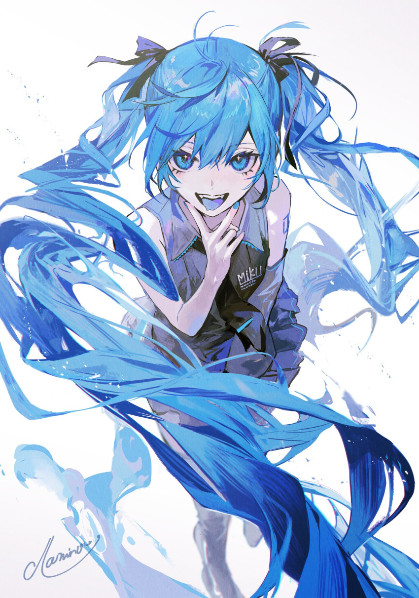 1girl, black_necktie, black_ribbon, black_skirt, blue_eyes, blue_hair, blue_nails, blue_tongue