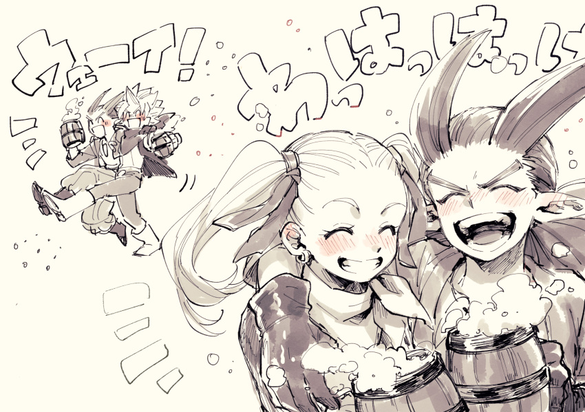 1girl, 2boys, alcohol, arm_around_shoulder, blush, bone_necklace, boots, closed_eyes
