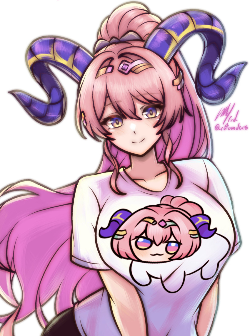 1girl, breasts, character_print, closed_mouth, english_commentary, fire_emblem, fire_emblem_heroes, goat_horns