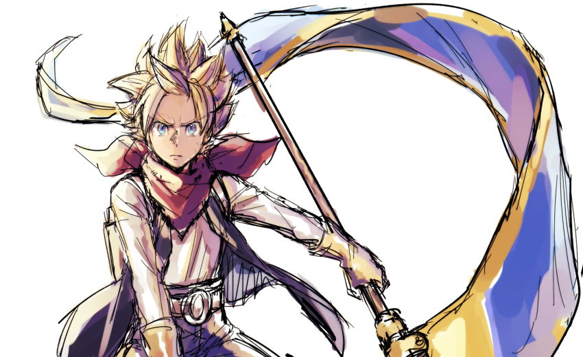 1boy, backpack, bag, banner, battle_standard, black_vest, blonde_hair, blue_eyes