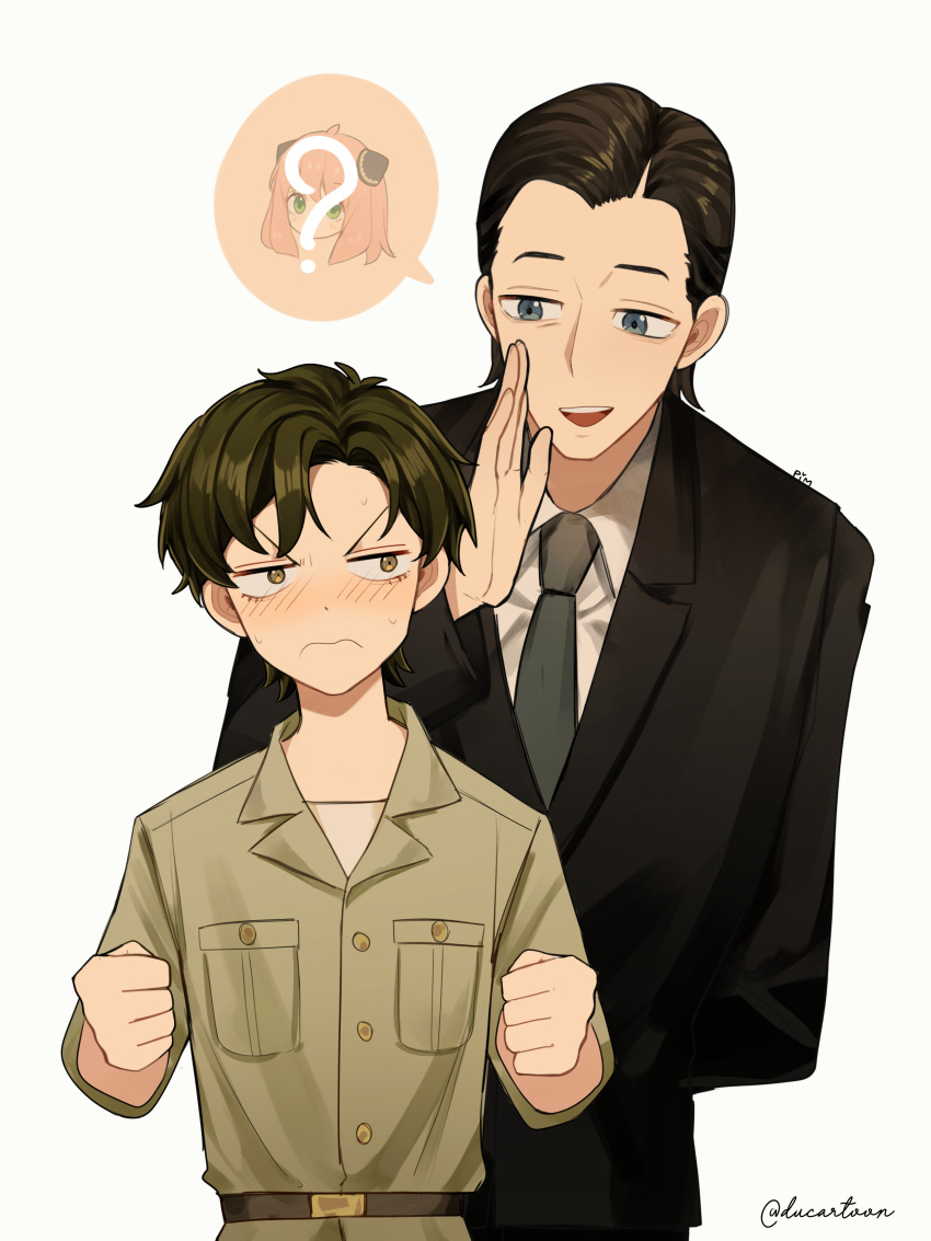 2boys, ?, absurdres, aged_up, annoyed, anya_(spy_x_family), arm_behind_back, artist_name, belt, black_belt, black_hair, black_jacket, black_necktie, black_suit, blue_eyes, blush, breast_pocket, brown_eyes, brown_shirt, clenched_hands, closed_mouth, collared_shirt, commentary, damian_desmond, dress_shirt, ducartoon, english_commentary, front-to-back, frown, hand_up, highres, jacket, jeeves_(spy_x_family), long_sleeves, looking_at_another, male_focus, multiple_boys, necktie, open_hand, open_mouth, parted_hair, pocket, shirt, short_hair, signature, simple_background, spoken_character, spy_x_family, suit, suit_jacket, teeth, upper_body, upper_teeth_only, white_background, white_shirt