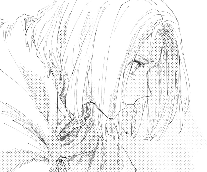 1boy, cloak, commentary_request, dragon_quest, dragon_quest_xi, greyscale, halftone_texture, hero_(dq11)