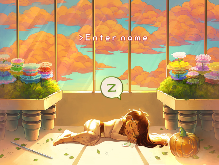 1girl, belt, blue_flower, blue_sky, brown_hair, closed_eyes, clouds, commentary