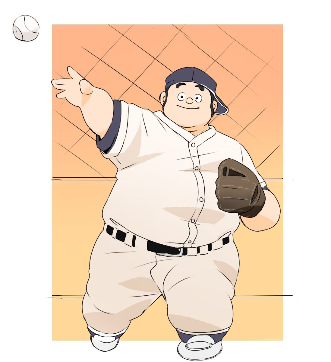 1boy, ball, baseball_(object), baseball_mitt, baseball_uniform, black_hat, black_pants, fat