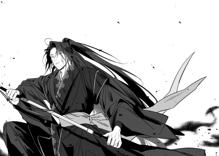 1boy, 333_2d, debris, earrings, greyscale, half_updo, hanbok, high_ponytail