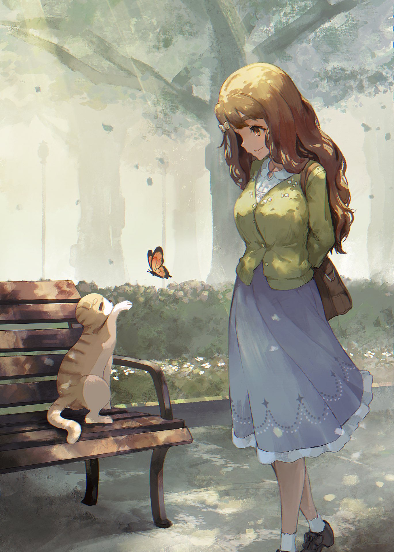 1girl, =_=, animalization, arms_behind_back, bag, bench, black_footwear, blue_skirt