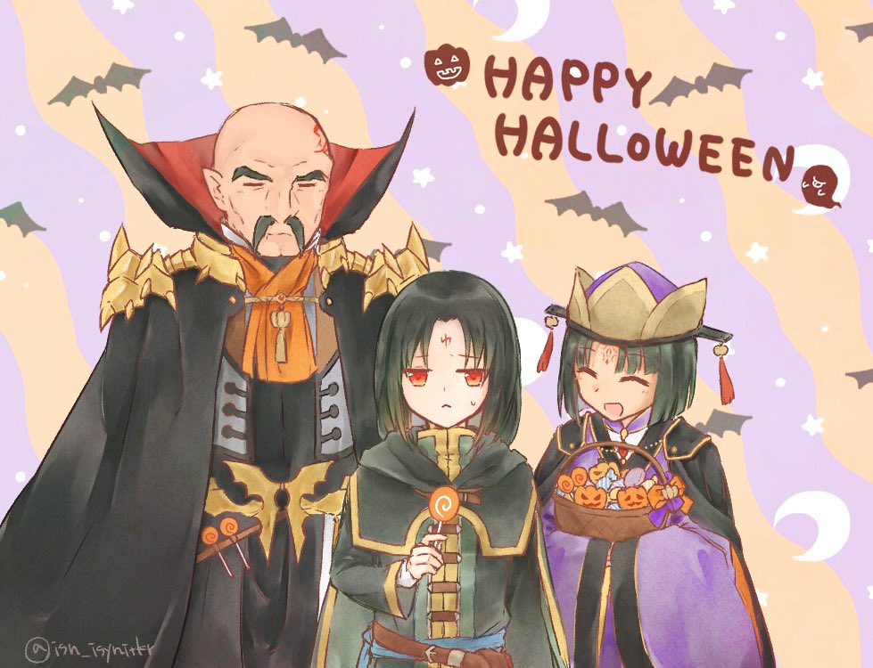 3boys, bald, basket, black_hair, candy, cape, closed_eyes, commentary_request