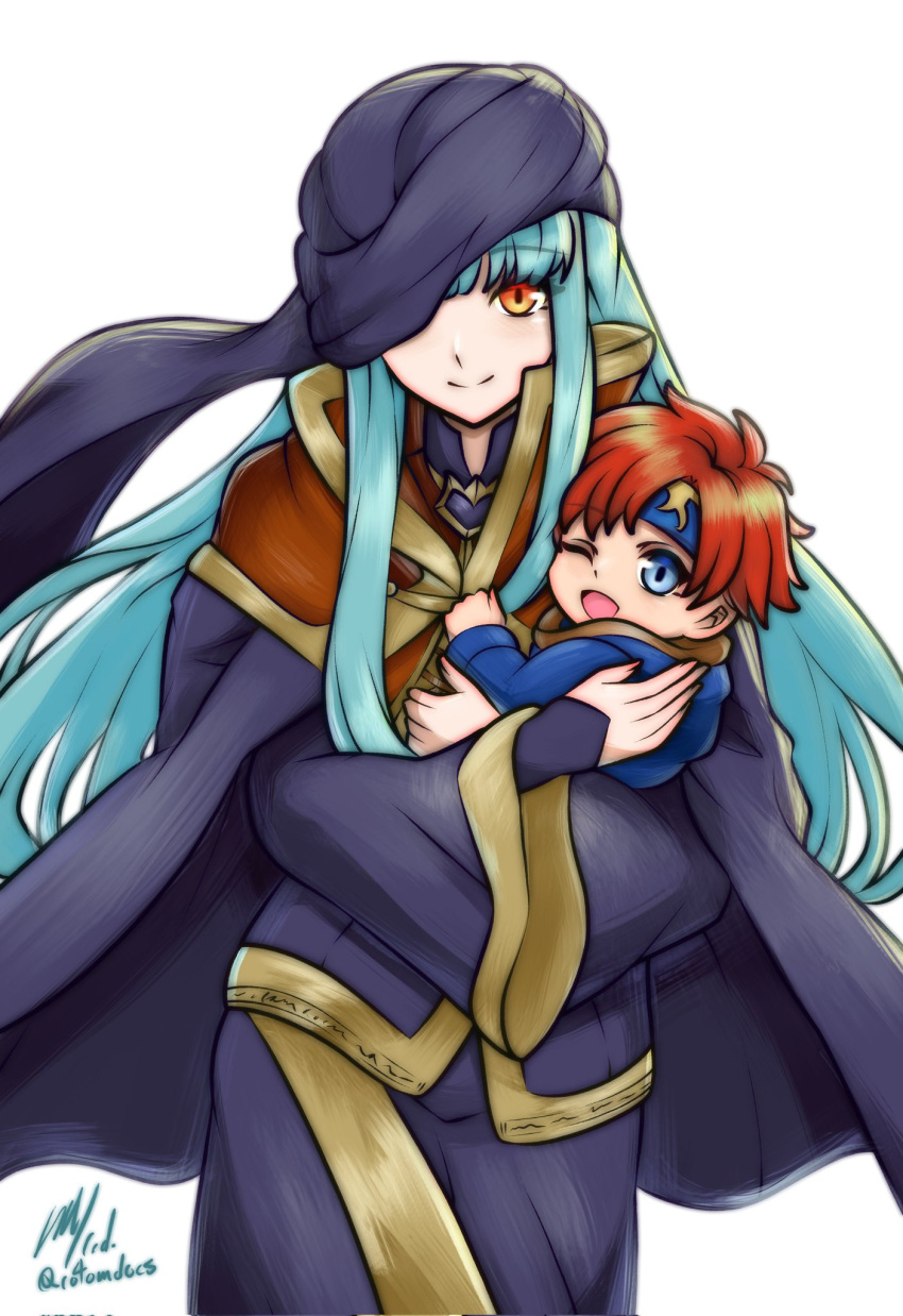1boy, 1girl, black_robe, blue_eyes, blue_hair, child, closed_mouth, commission