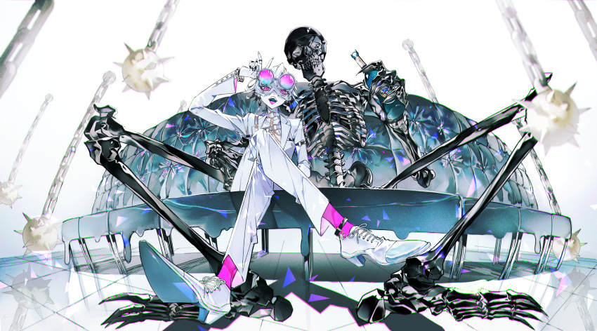 1boy, 1other, ball_and_chain_(weapon), black_nails, blue-tinted_eyewear, blurry, bottle, character_request