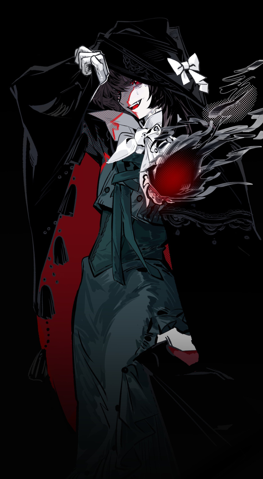 1girl, absurdres, black_background, black_cape, black_hair, black_hat, bow, cape