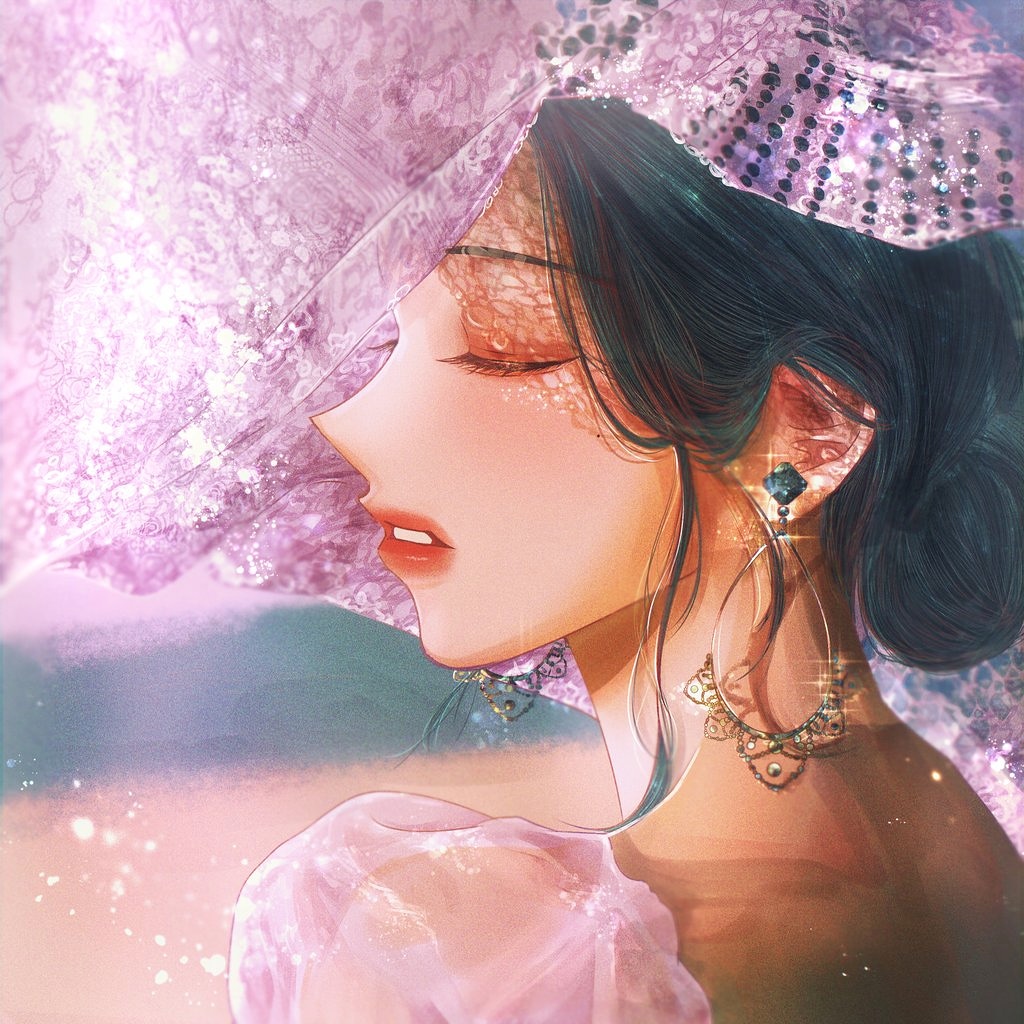 1girl, back, black_hair, close-up, closed_eyes, commentary, earrings, eyeshadow
